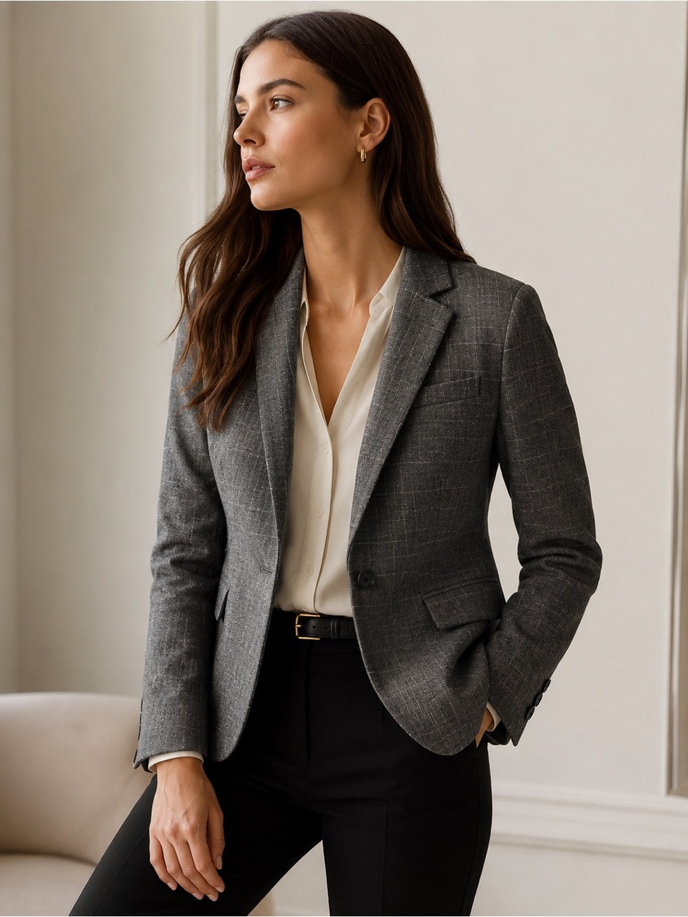 Ann Taylor Gray Windowpane Career Blazer Size 0 One Button Lined Jacket